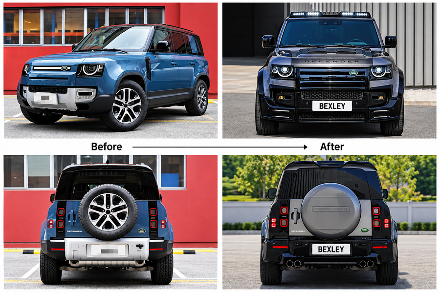 Land Rover Defender LM wide body kit parts, before and after