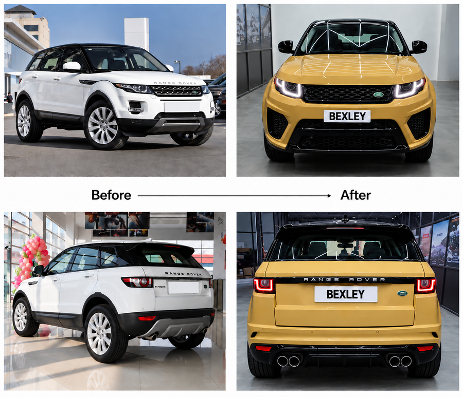 Range Rover Evoque SVR style body kit parts, before and after