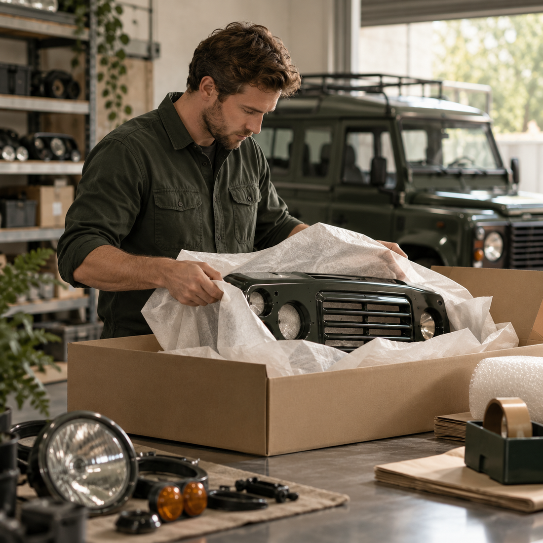 Land Rover Defender grille packed in a box ready for delivery