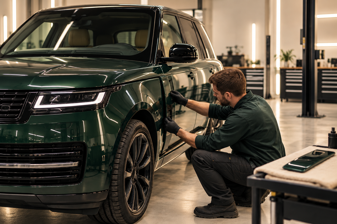 Body kit panel being fitted to a Range Rover in a workshop