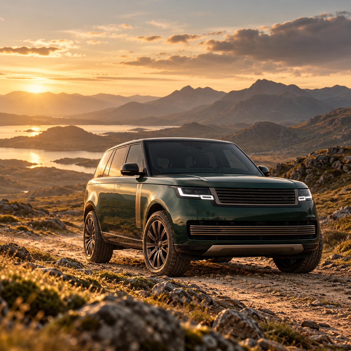 Range Rover in British racing green parked on a mountain track at sunset