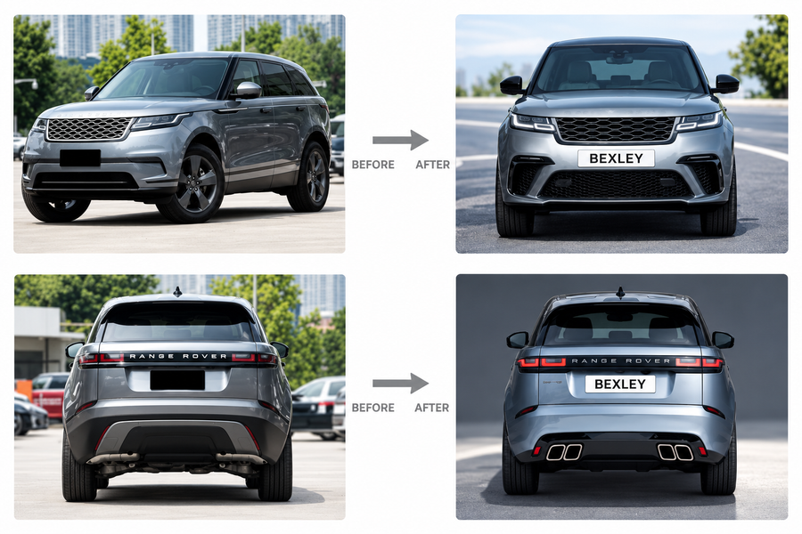 Range Rover Velar SVR style body kit, before and after
