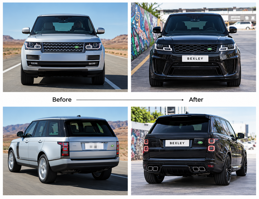 Range Rover Vogue SVO style body kit parts, before and after